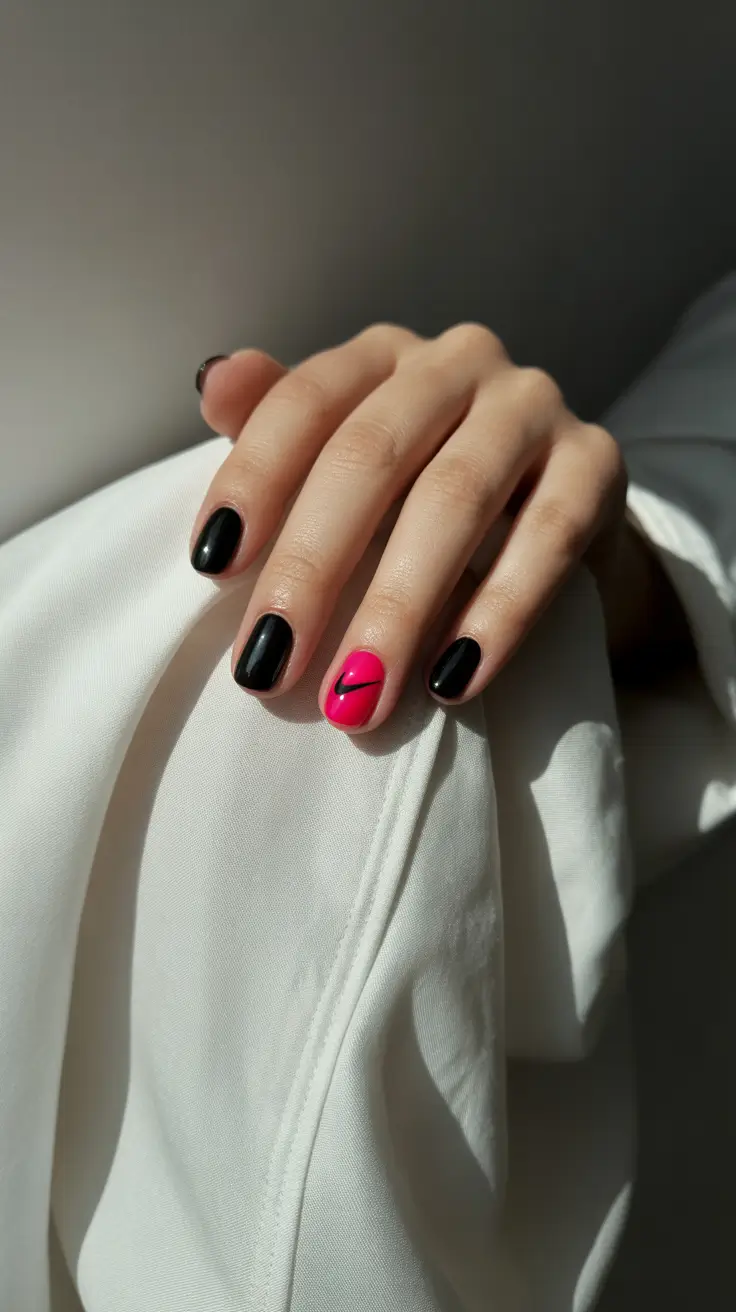 Black Summer Nails That Pop in 2025+Minimalist Punch: Hot Pink Accent on Short Black Nails