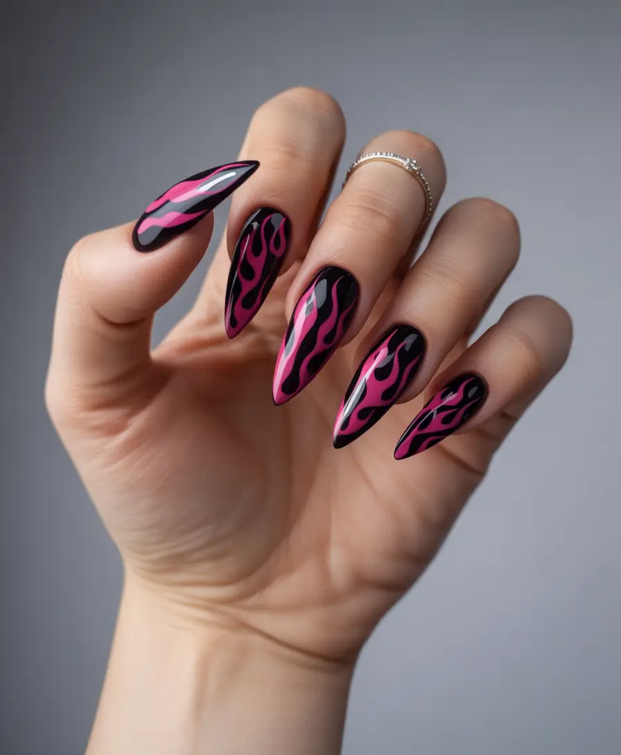 Black Summer Nails That Pop in 2025+Hot Flame Energy: Pink Flames on Glossy Black
