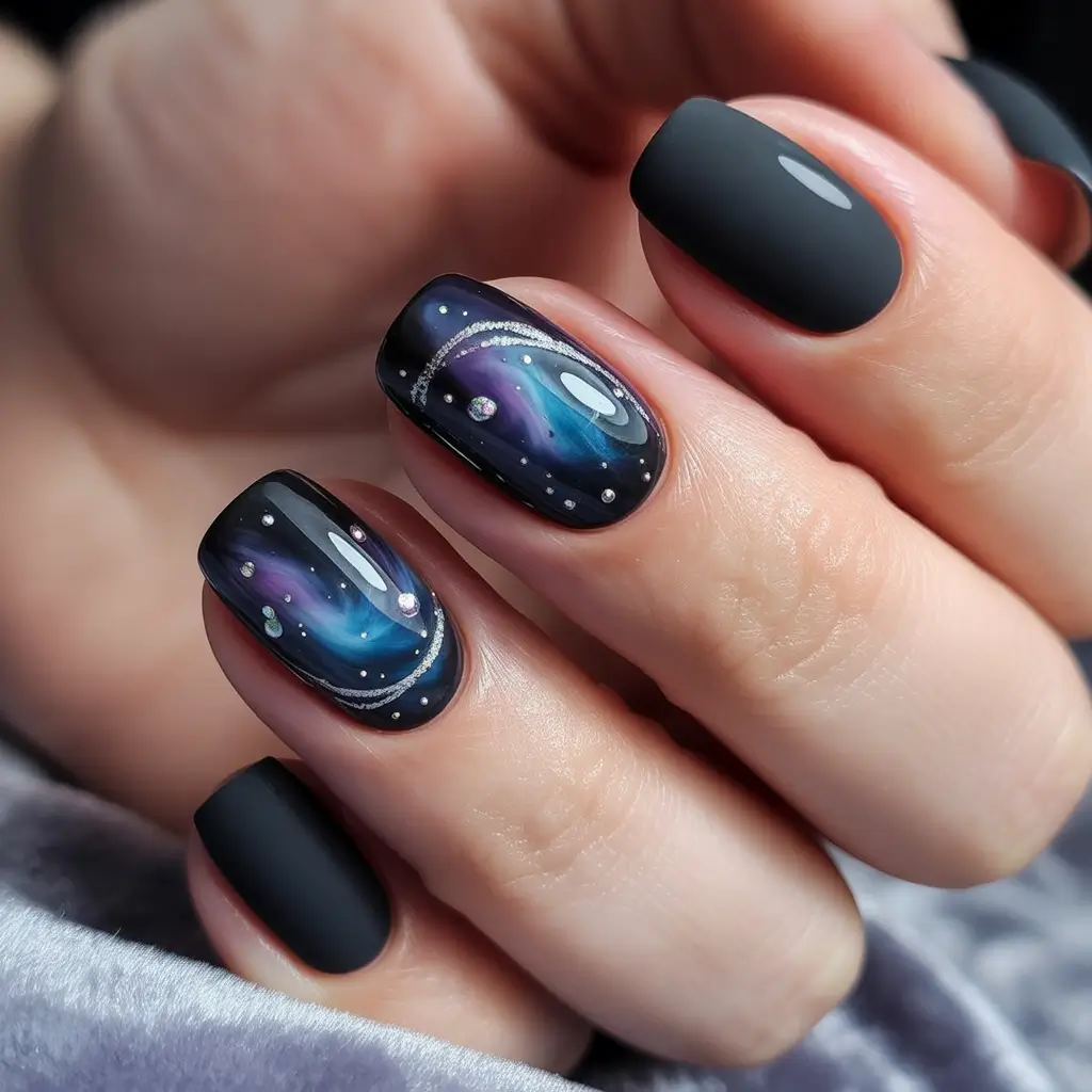 Black Summer Nails That Pop in 2025+Celestial Dreamscape: Galaxy Art on Matte Black