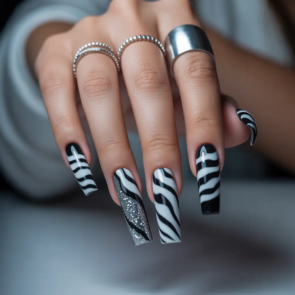 Black Summer Nails That Pop in 2025+Monochrome Waves and Glitter: A Zebra Remix