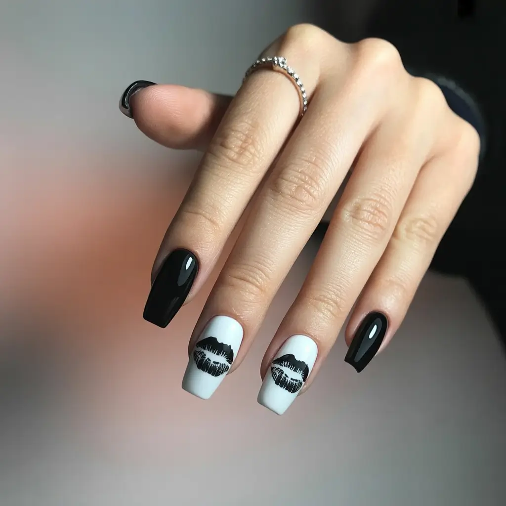 Black Summer Nails That Pop in 2025+Kiss Me Softly: Black & White Lip Print Nails