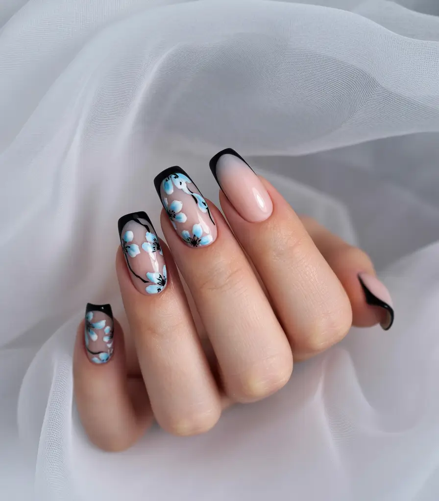 Black Summer Nails That Pop in 2025 Floral Chic with a French Twist