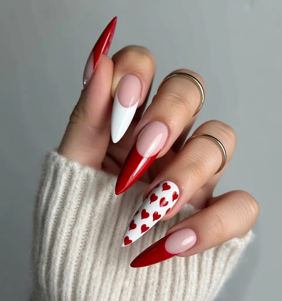 Bold Red Nails for Summer 2025 Vibes Stiletto Love With Hearts and Heat