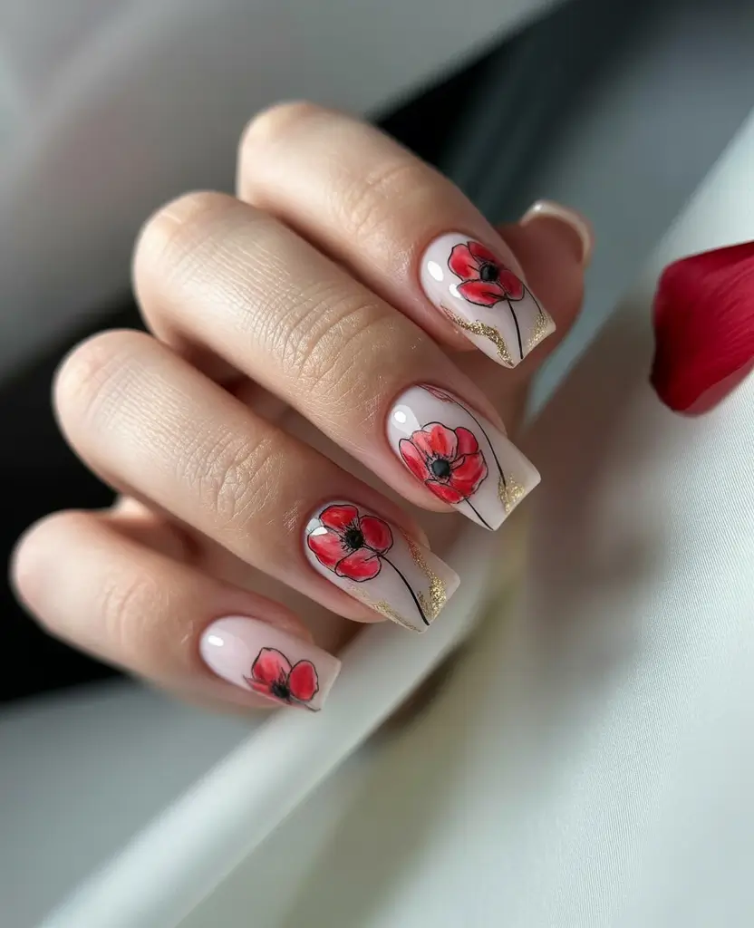 Bold Red Nails for Summer 2025 Vibes Elegant Blossoms on Sheer Pink