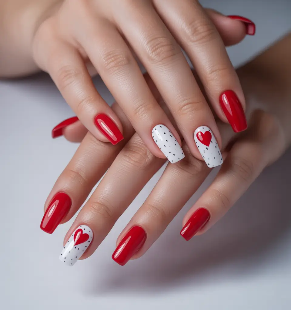 Bold Red Nails for Summer 2025 Vibes Hearts & Polka Dot Play