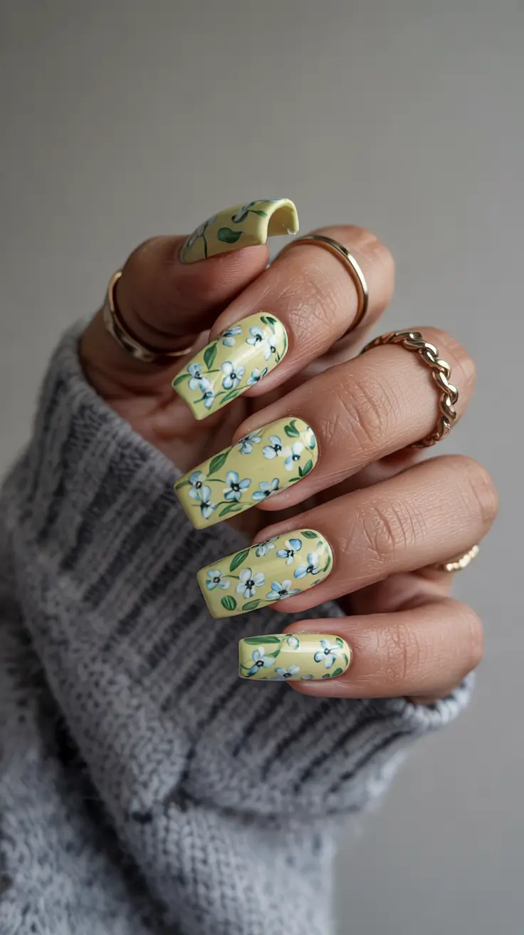 Bright Yellow Nails Made for Summer 2025 Sunny Daydreams with Tiny Blue Blooms