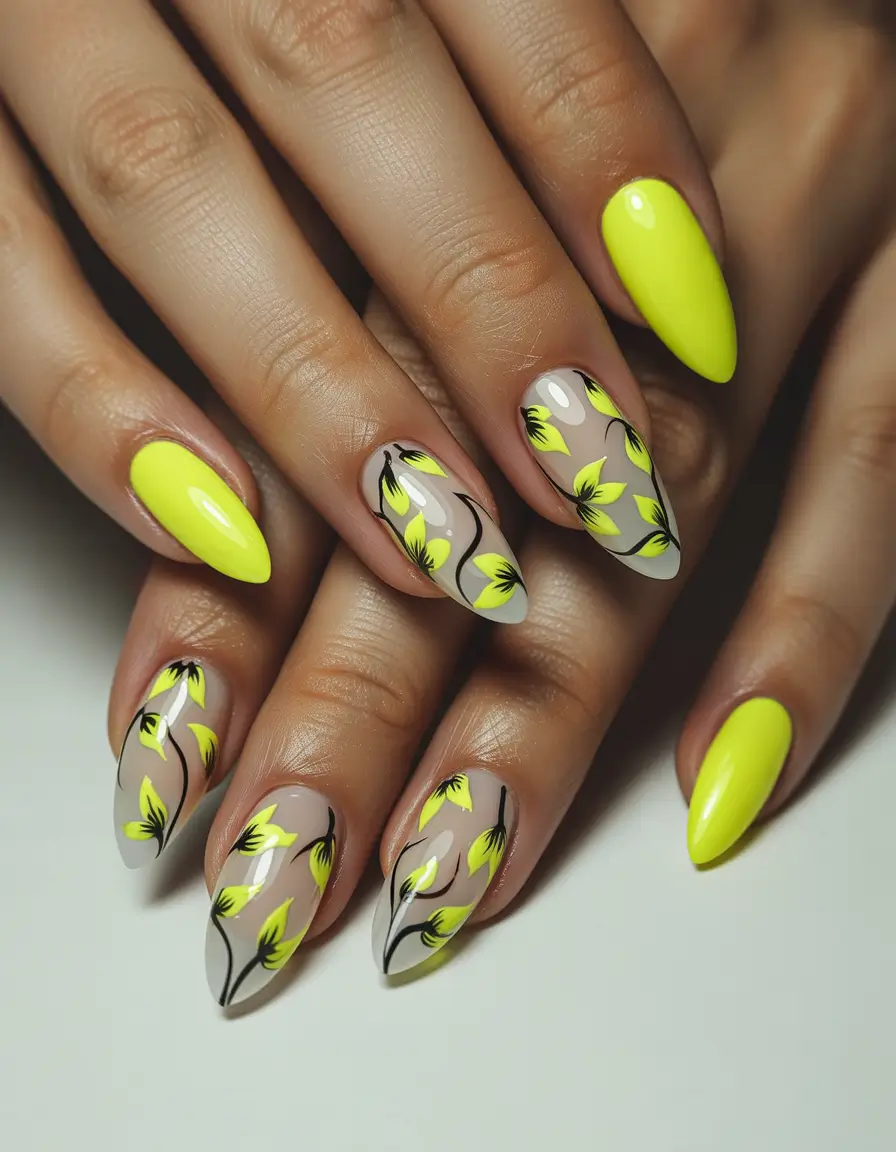 Bright Yellow Nails Made for Summer 2025 Electric Petals on Transparent Vibes