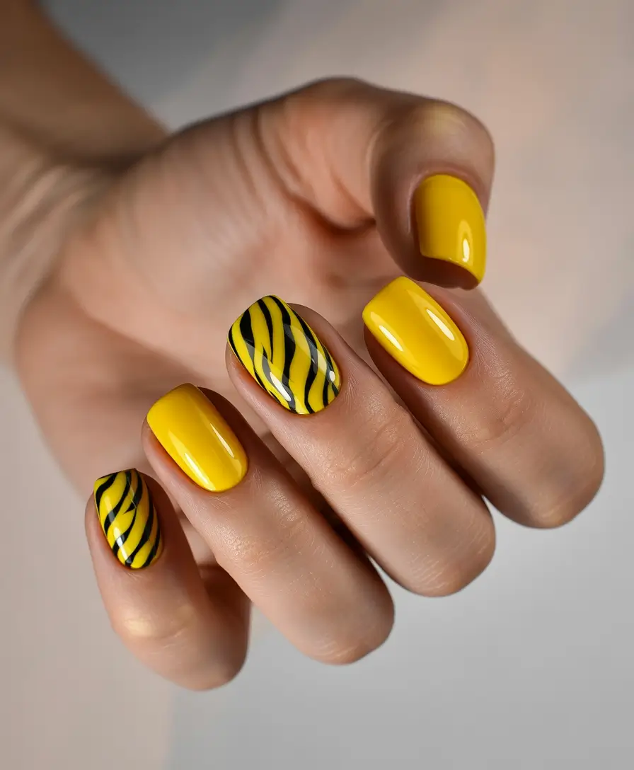 Bright Yellow Nails Made for Summer 2025 Striking Stripes and Safari Energy