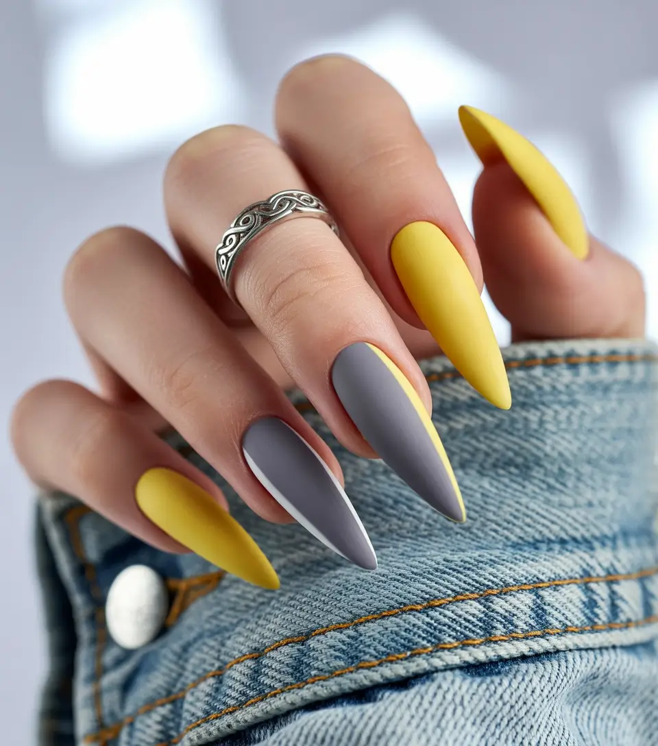 Bright Yellow Nails Made for Summer 2025 Matte Cool: Yellow Meets Smoky Blue