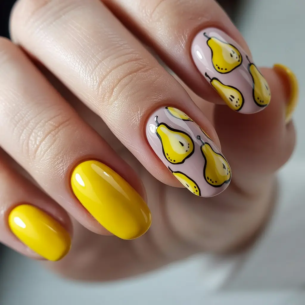 Bright Yellow Nails Made for Summer 2025 Fruity Fun with Glossy Yellow Pears
