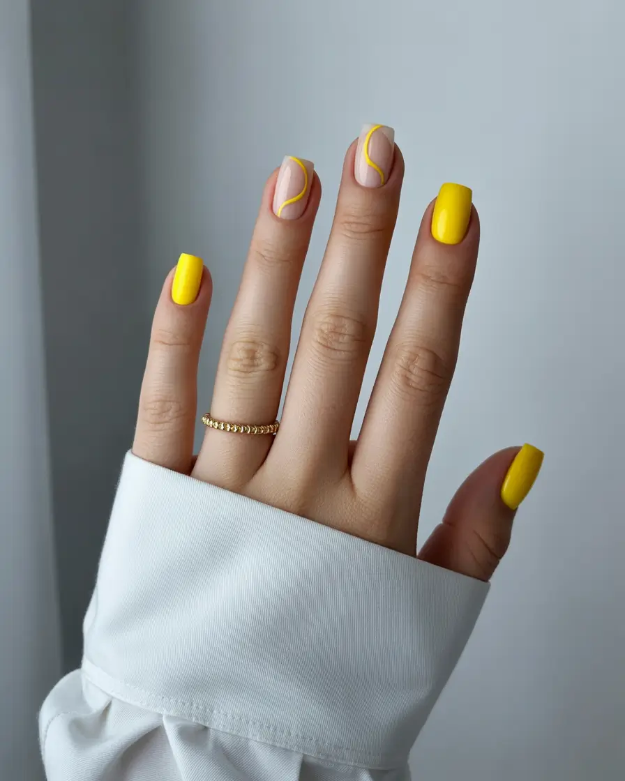 Bright Yellow Nails Made for Summer 2025 Minimalist Swirls in a Yellow Frame