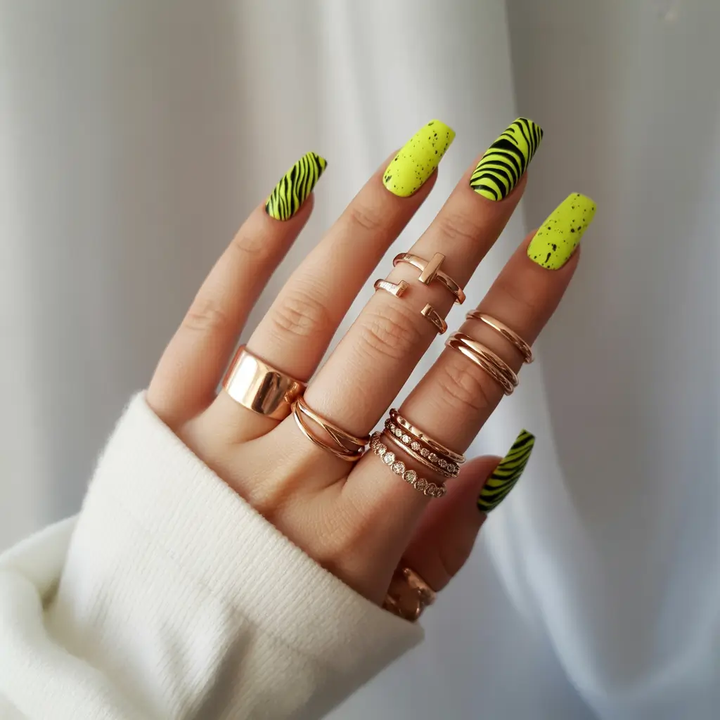 Bright Yellow Nails Made for Summer 2025 Electric Safari: Zebra Stripes and Speckled Neon