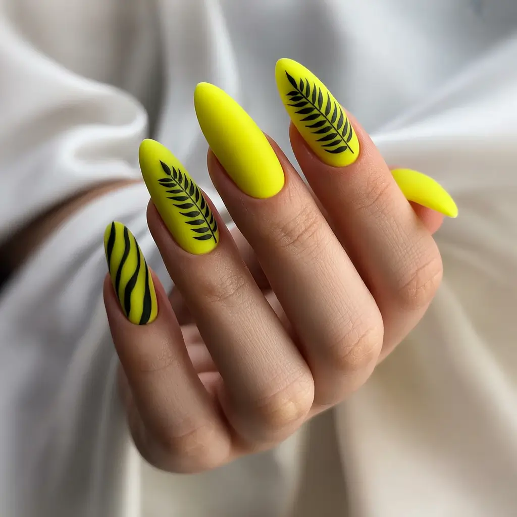 Bright Yellow Nails Made for Summer 2025 Tropical Matte Meets Graphic Jungle