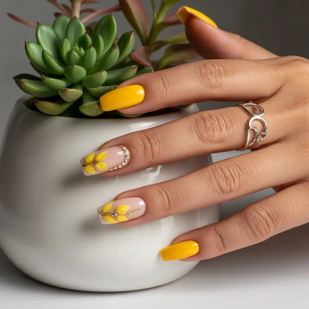 Bright Yellow Nails Made for Summer 2025 Sunshine Embellished with Petals and Sparkle
