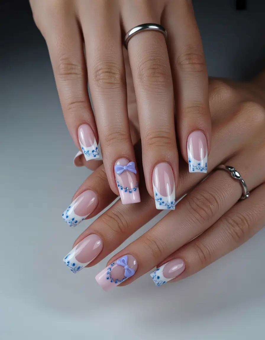 Chic Acrylic Nail Ideas for Summer 2025 Dreamy Blue Blossoms with Delicate Bow Accents