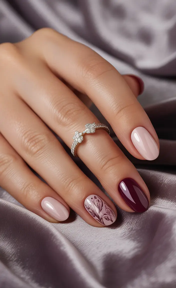 Chic Acrylic Nail Ideas for Summer 2025 Rich Burgundy with Delicate Floral Accents