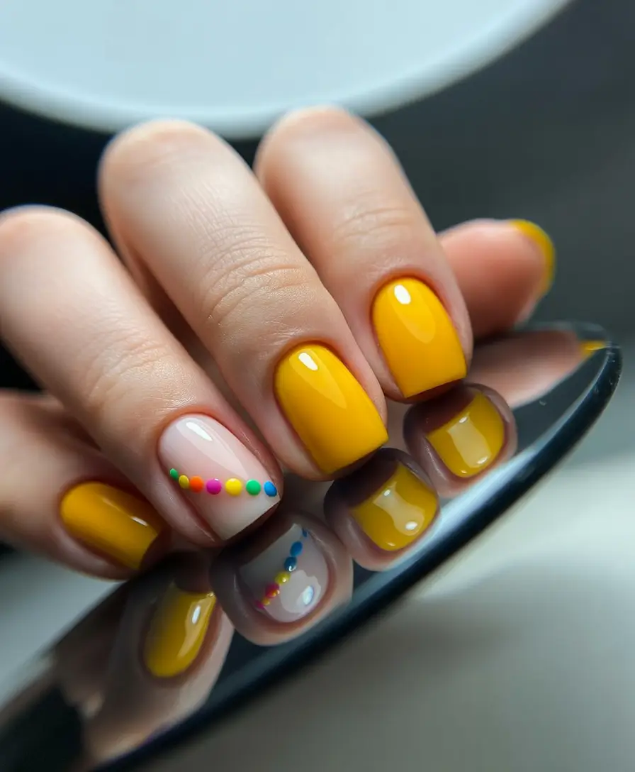 Chic Acrylic Nail Ideas for Summer 2025 Sunny Yellow with Rainbow Accents
