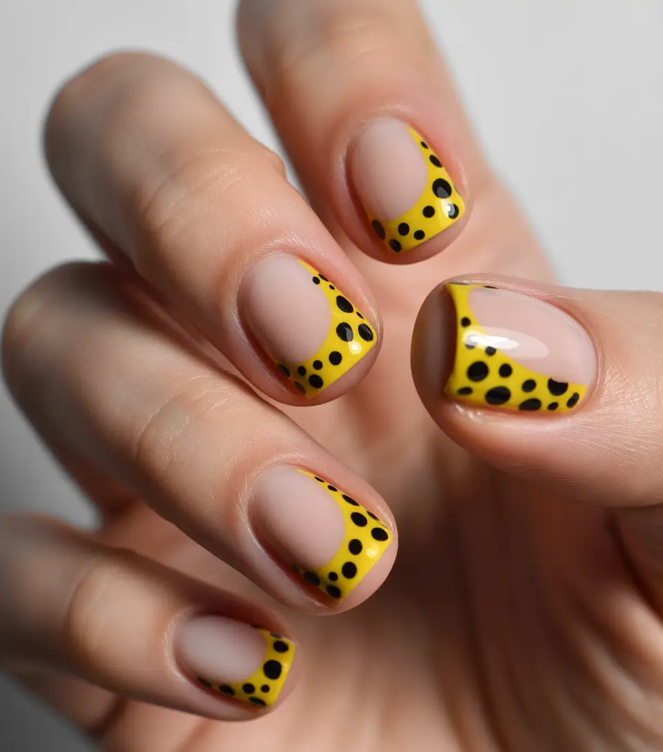Chic Acrylic Nail Ideas for Summer 2025 Bold Yellow French Tips with Black Polka Dots