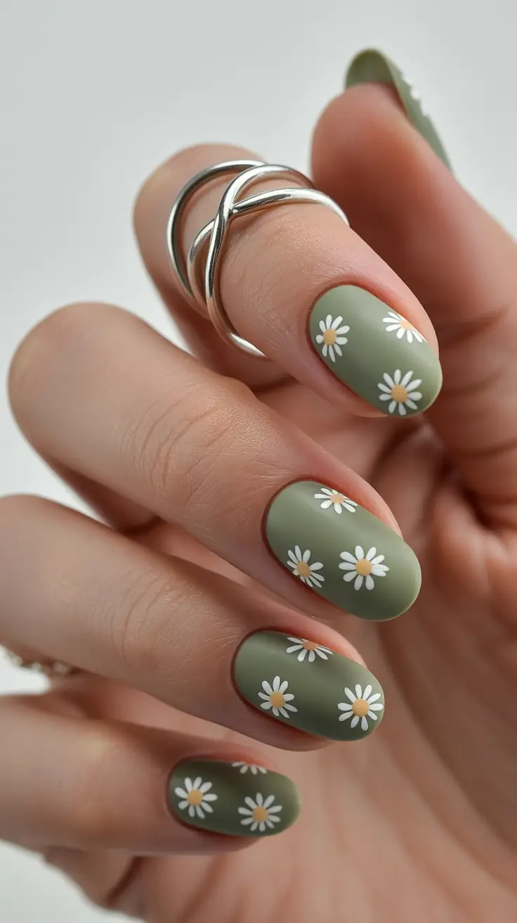 Chic Acrylic Nail Ideas for Summer 2025 Flower Power in Sage Green