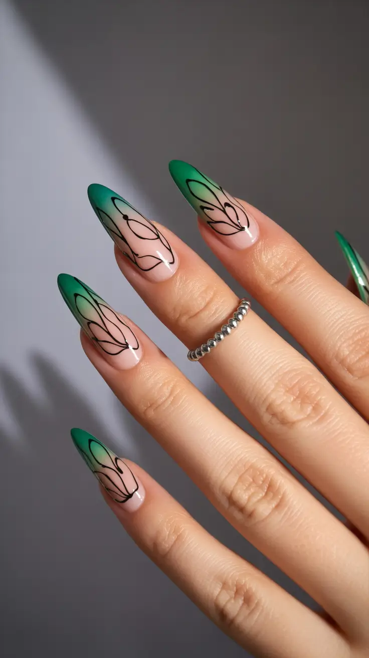 Chic Acrylic Nail Ideas for Summer 2025 Gradient Green with Leafy Accents