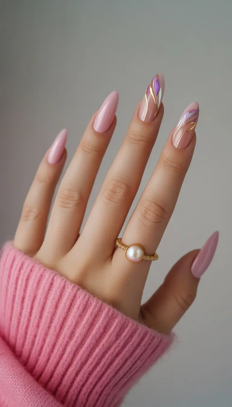 Chic Acrylic Nail Ideas for Summer 2025 Pink Almond Elegance with Golden Swirls