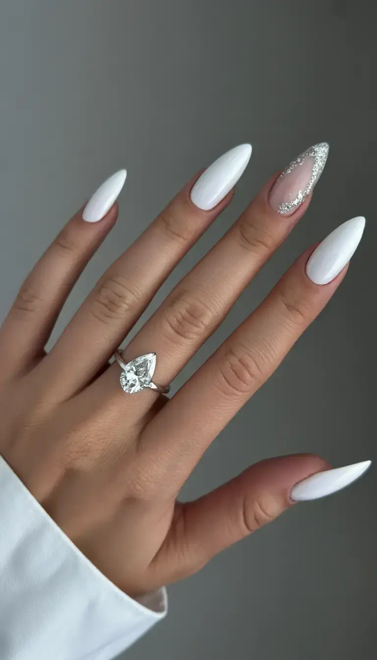 Chic Acrylic Nail Ideas for Summer 2025 Minimalist White with Silver Glitter Accent