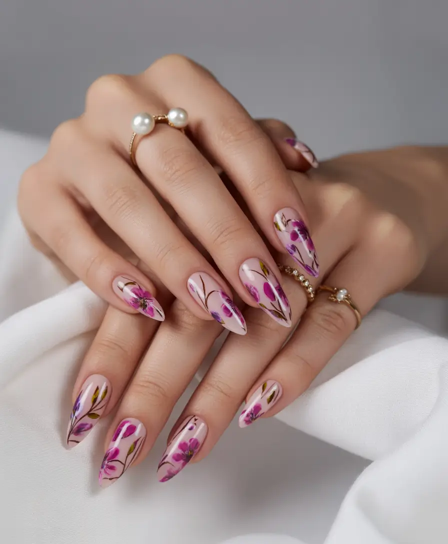 Chic Acrylic Nail Ideas for Summer 2025 Delicate Floral Art on Almond Nails