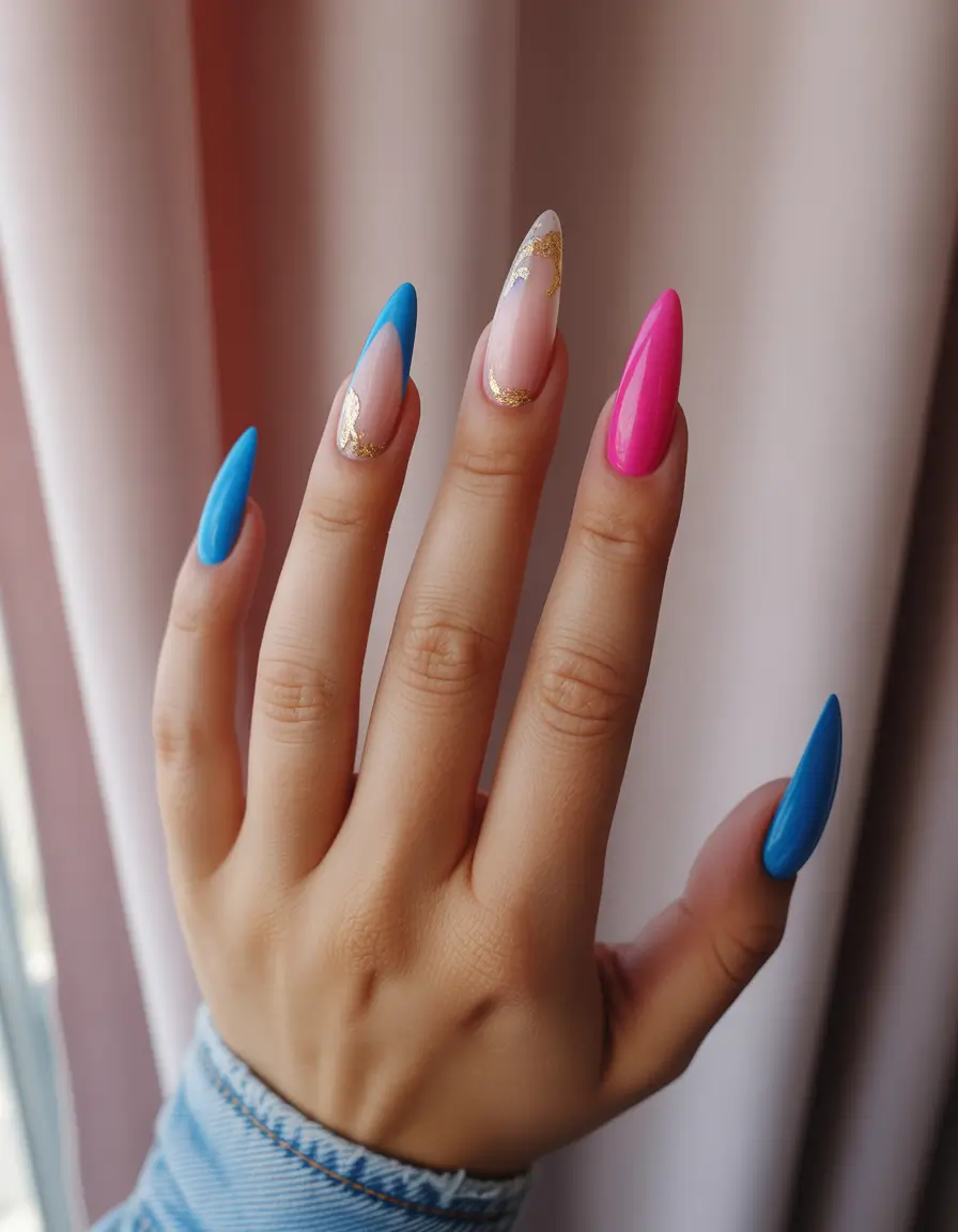 Chic Acrylic Nail Ideas for Summer 2025 Vibrant Color Block with Gold Accents