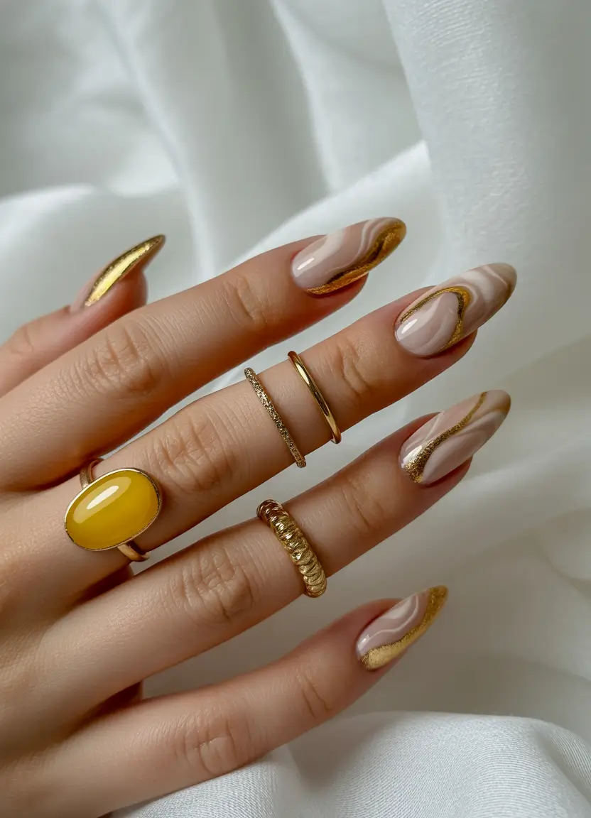 Chic Acrylic Nail Ideas for Summer 2025 Golden Marble Elegance