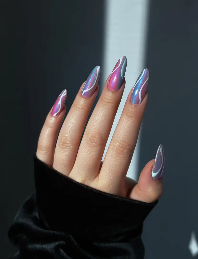 Chic Acrylic Nail Ideas for Summer 2025 Vibrant Chrome Waves A Holographic Dream