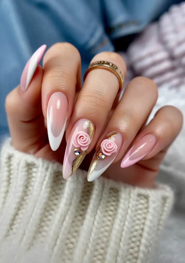 Chic Acrylic Nail Ideas for Summer 2025 Rose Gold Romance with Sculpted Floral Accents