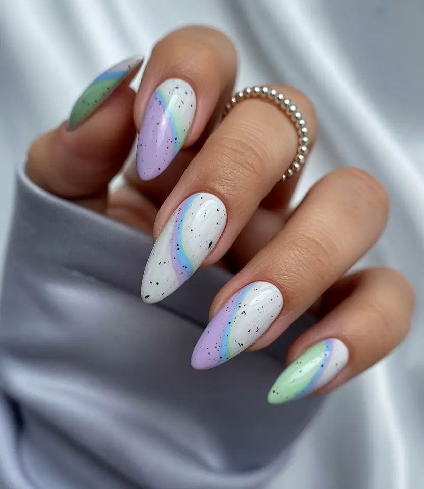 Chic Acrylic Nail Ideas for Summer 2025 Soft Pastels with Subtle Rainbow Swirls