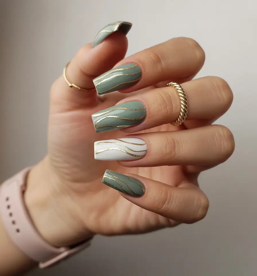 Coffin Nails That Slay Summer 2025+Muted Olive Swirls with Golden Touches