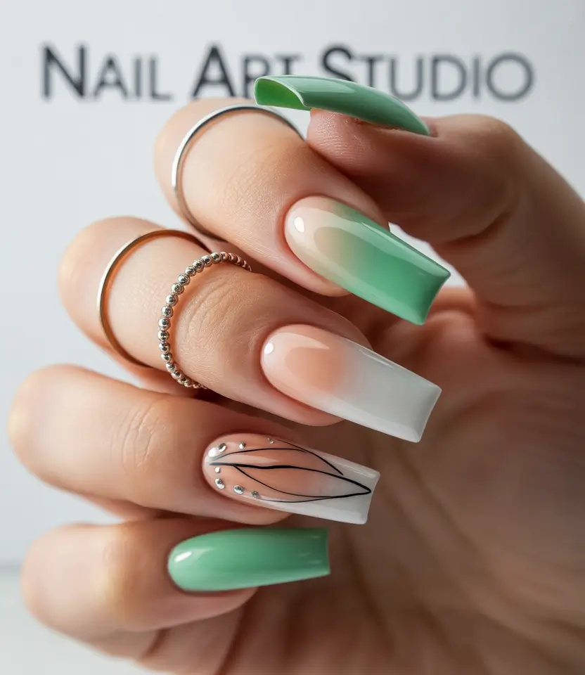 Coffin Nails That Slay Summer 2025+Glossy Mint Ombre with a Botanical Surprise