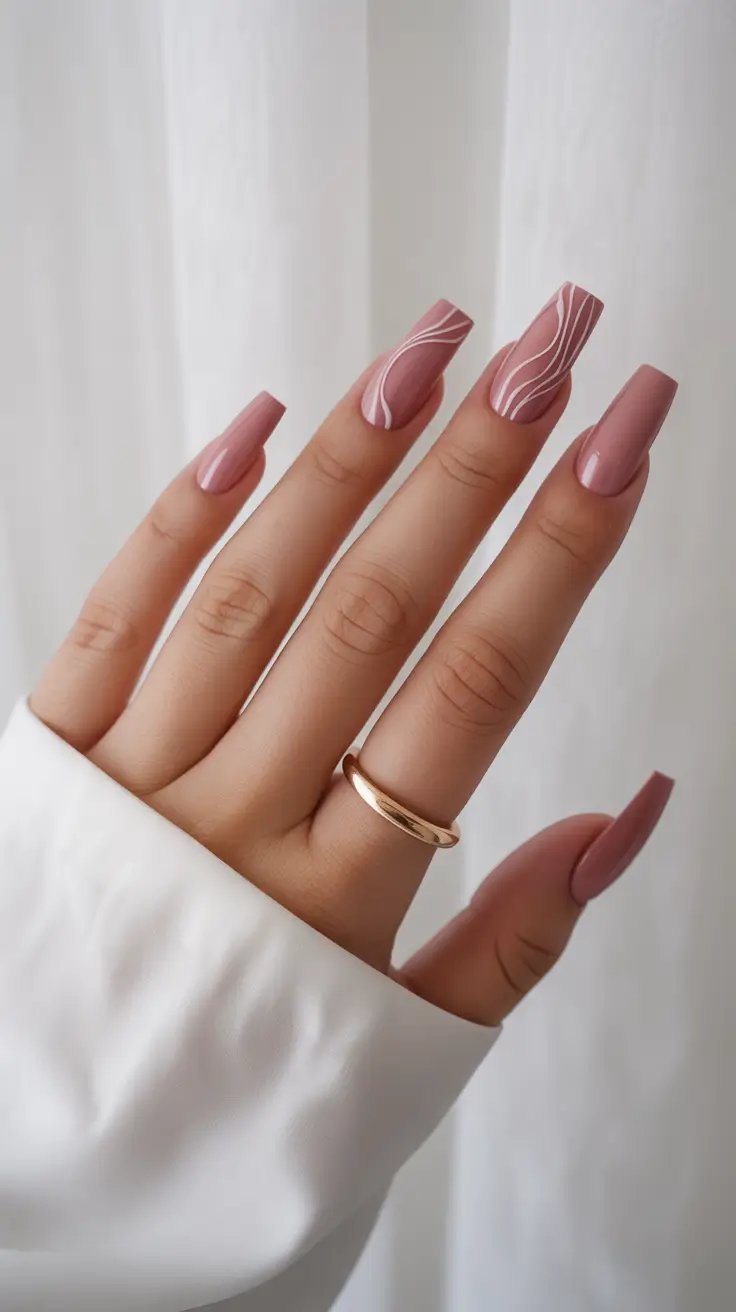 Coffin Nails That Slay Summer 2025+Soft Dusty Rose with Whisper Lines