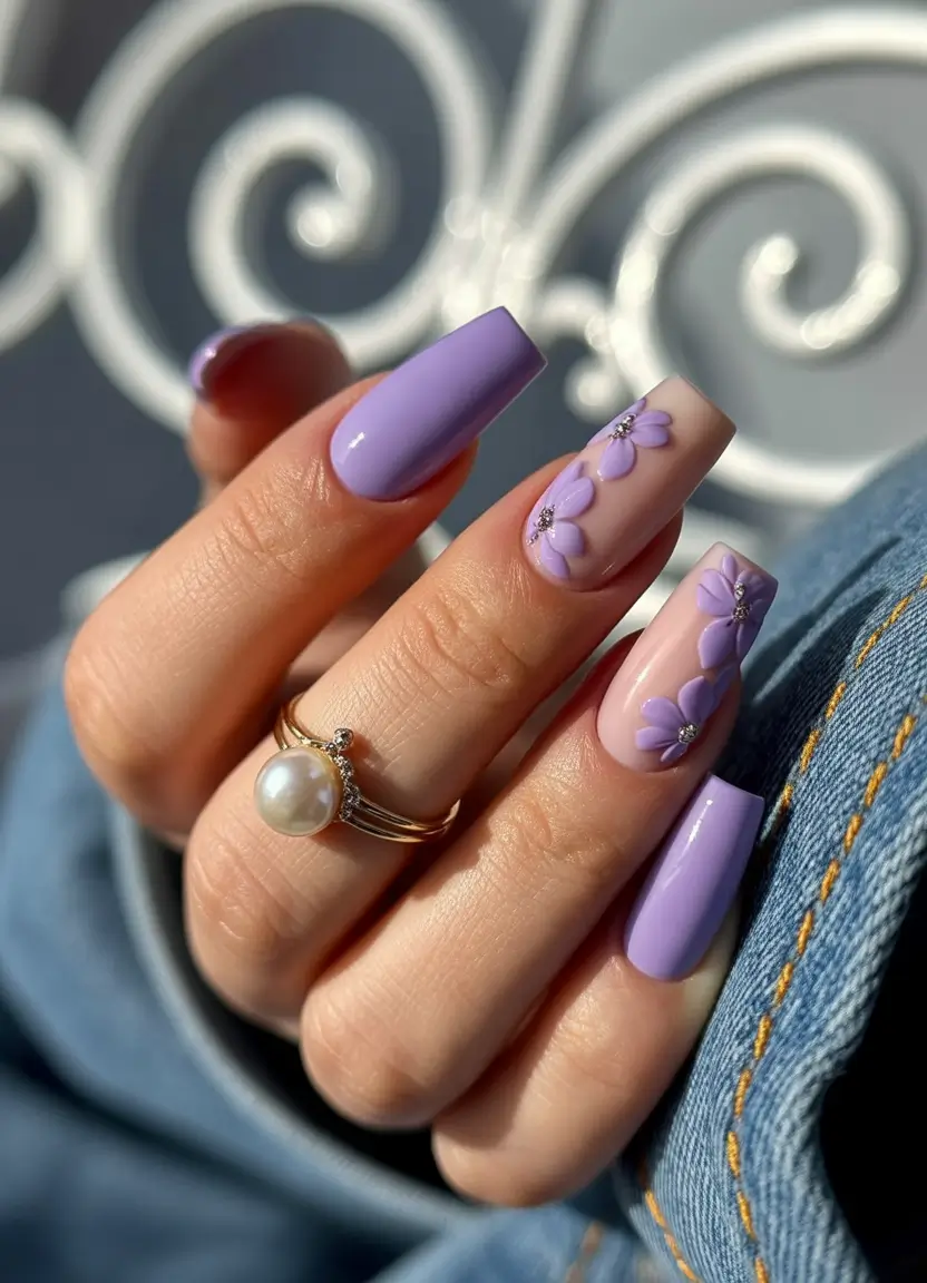 Coffin Nails That Slay Summer 2025 - Lilac Bloom with 3D Florals