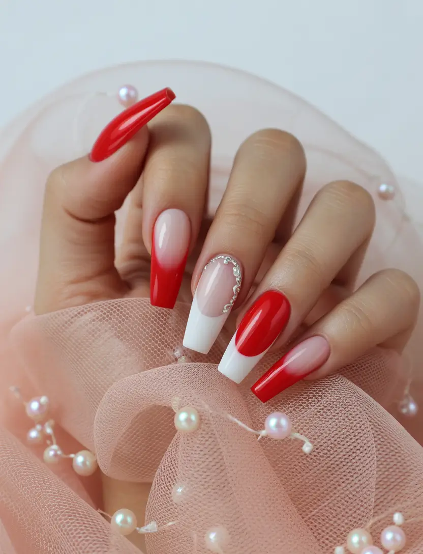 Coffin Nails That Slay Summer 2025+Cherry French with a Rhinestone Pop