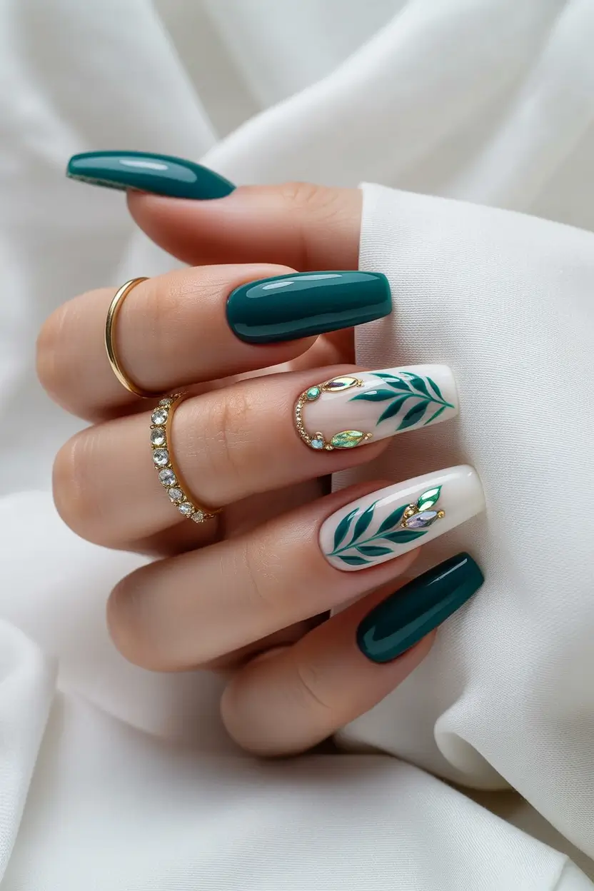 Coffin Nails That Slay Summer 2025+Emerald Botanical with Luxe Crystals