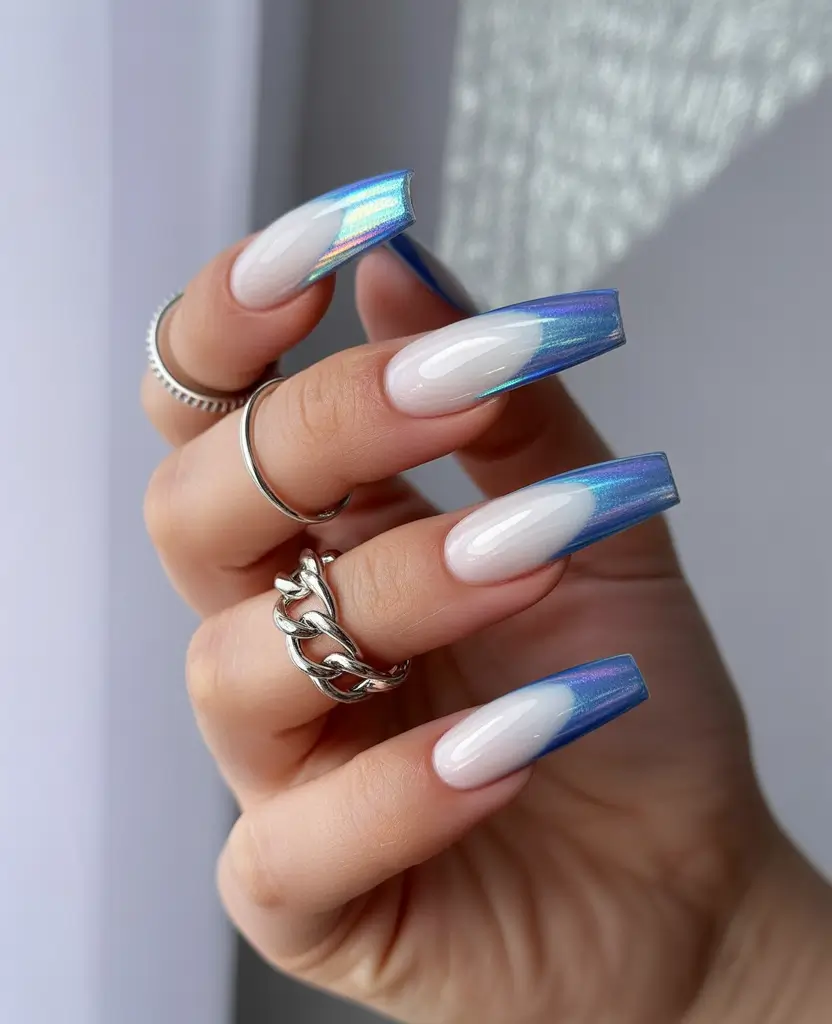 Coffin Nails That Slay Summer 2025+Iridescent Blue Chrome French