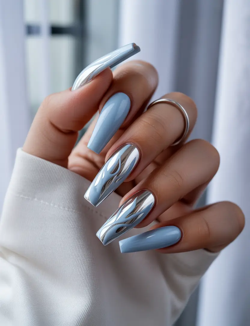 Coffin Nails That Slay Summer 2025+Frosted Blue Chrome with Flame Detailing