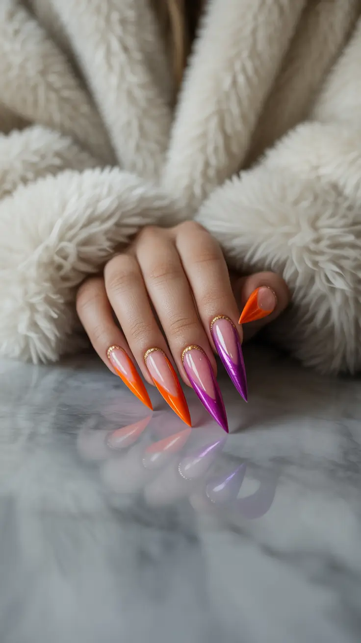 Colorful Summer Nails to Try in 2025 Orange Meets Orchid: High-Contrast Stiletto Tips