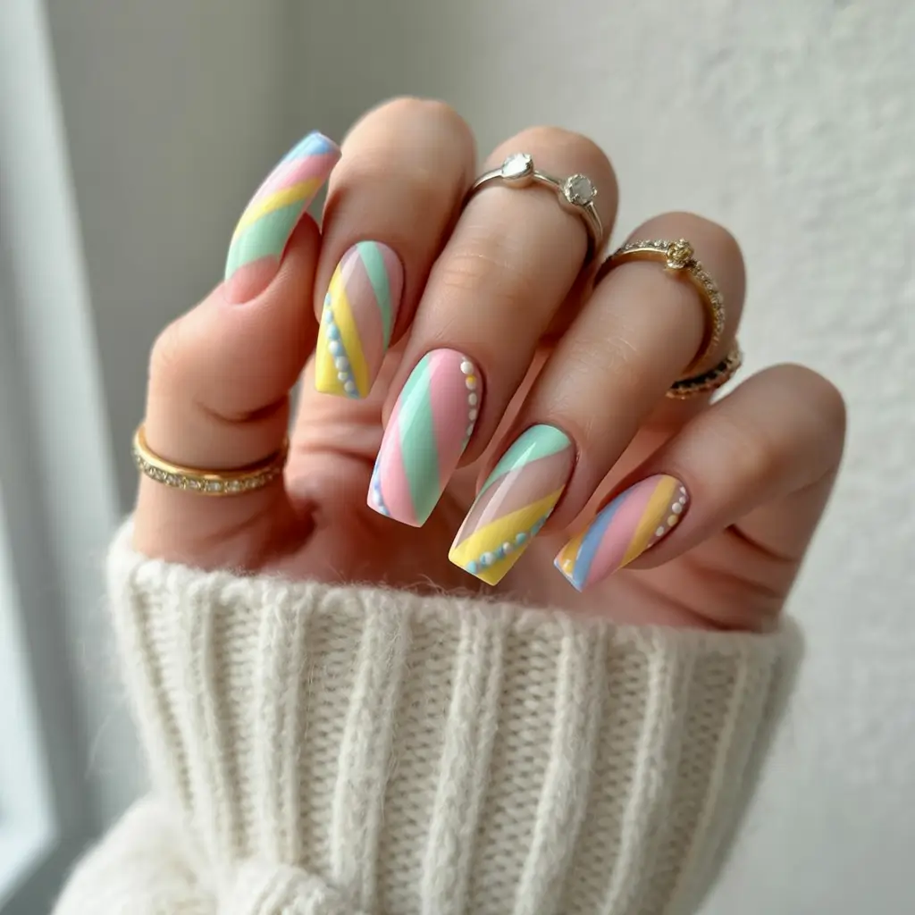 Colorful Summer Nails to Try in 2025 Pastel Carnival Stripes with Pearl Drama