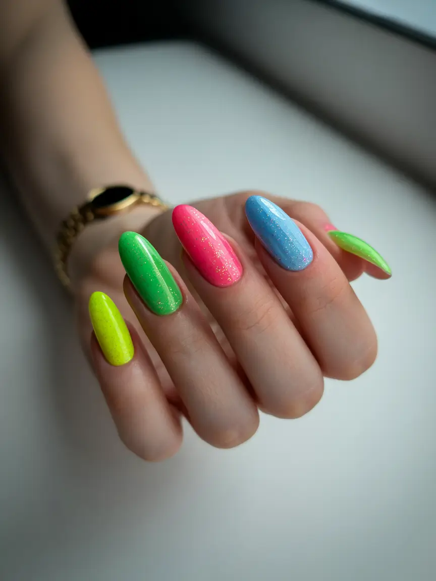 Colorful Summer Nails to Try in 2025 Electric Glitter Pop: Neon Done Right