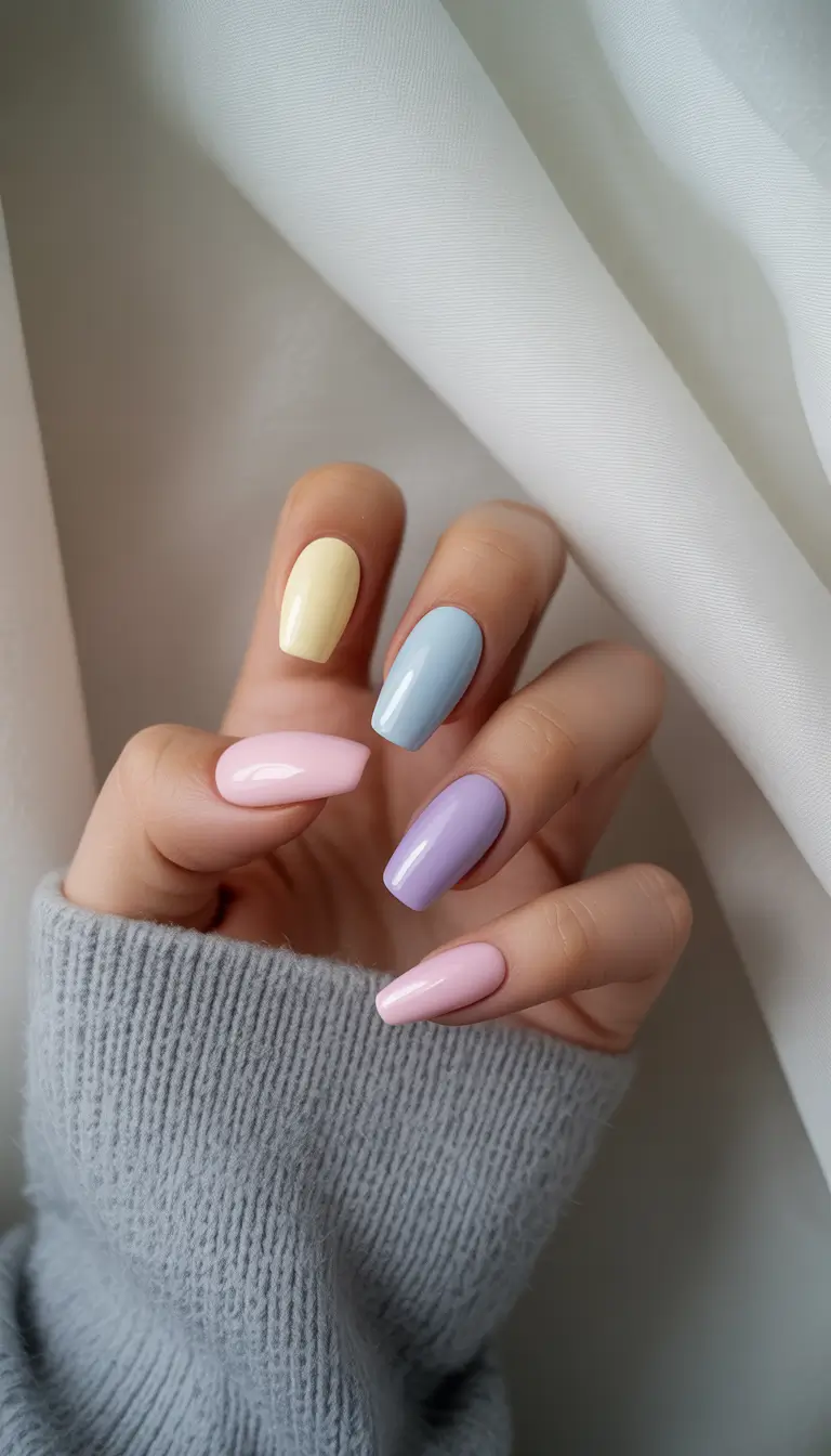 Colorful Summer Nails to Try in 2025 Soft Pastel Clouds on Almond Tips