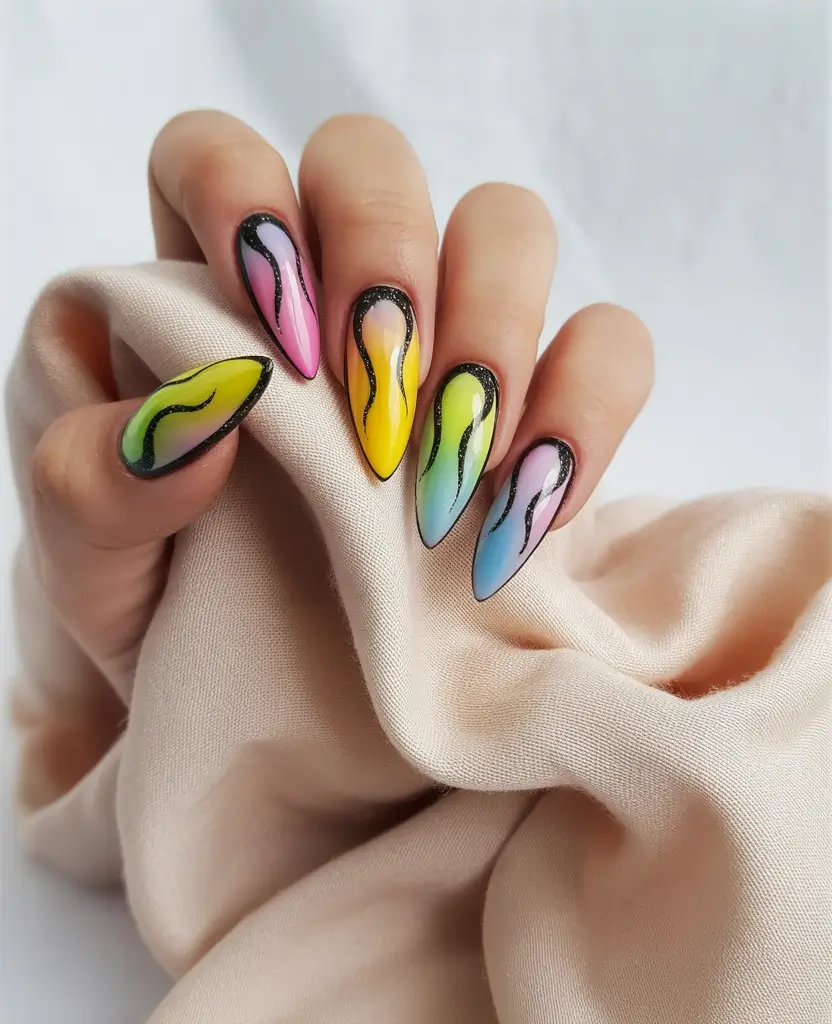 Colorful Summer Nails to Try in 2025 Vibrant Flames with a Black Spark