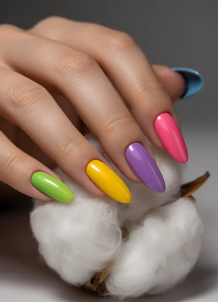 Colorful Summer Nails to Try in 2025 Matte Rainbow Almonds: Primary Color Pop