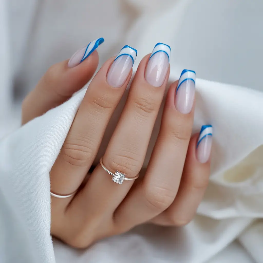 Cool Blue Nail Ideas for Summer 2025 Sharp French Waves with a Twist