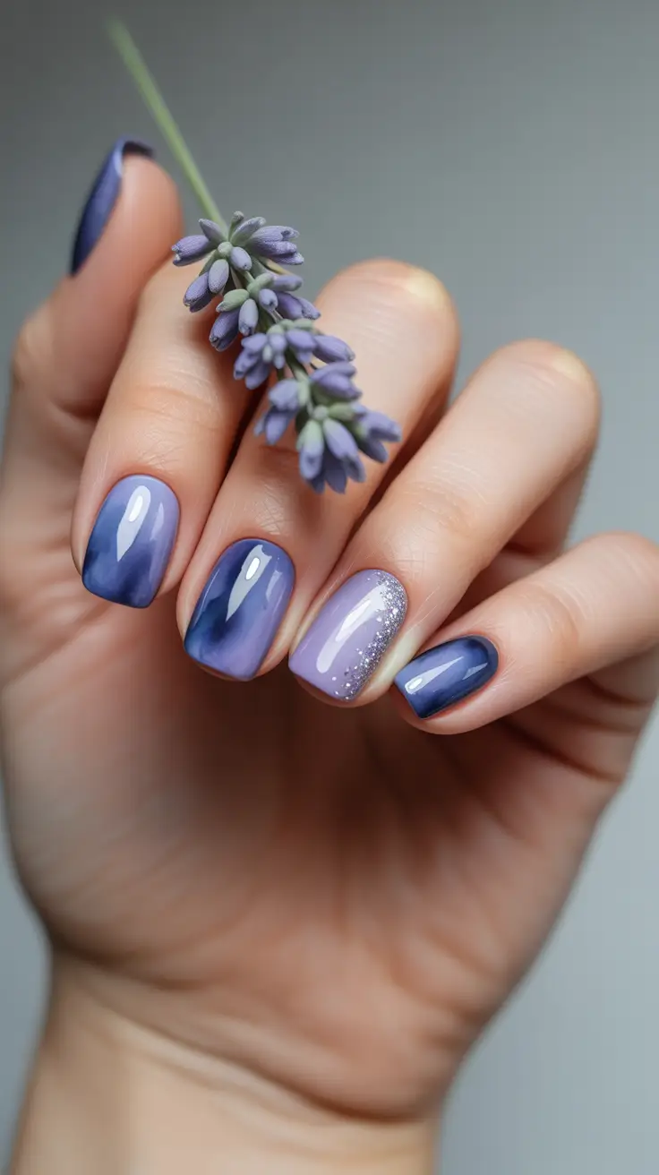 Cool Blue Nail Ideas for Summer 2025 Lavender Meets Indigo in a Floral Fade
