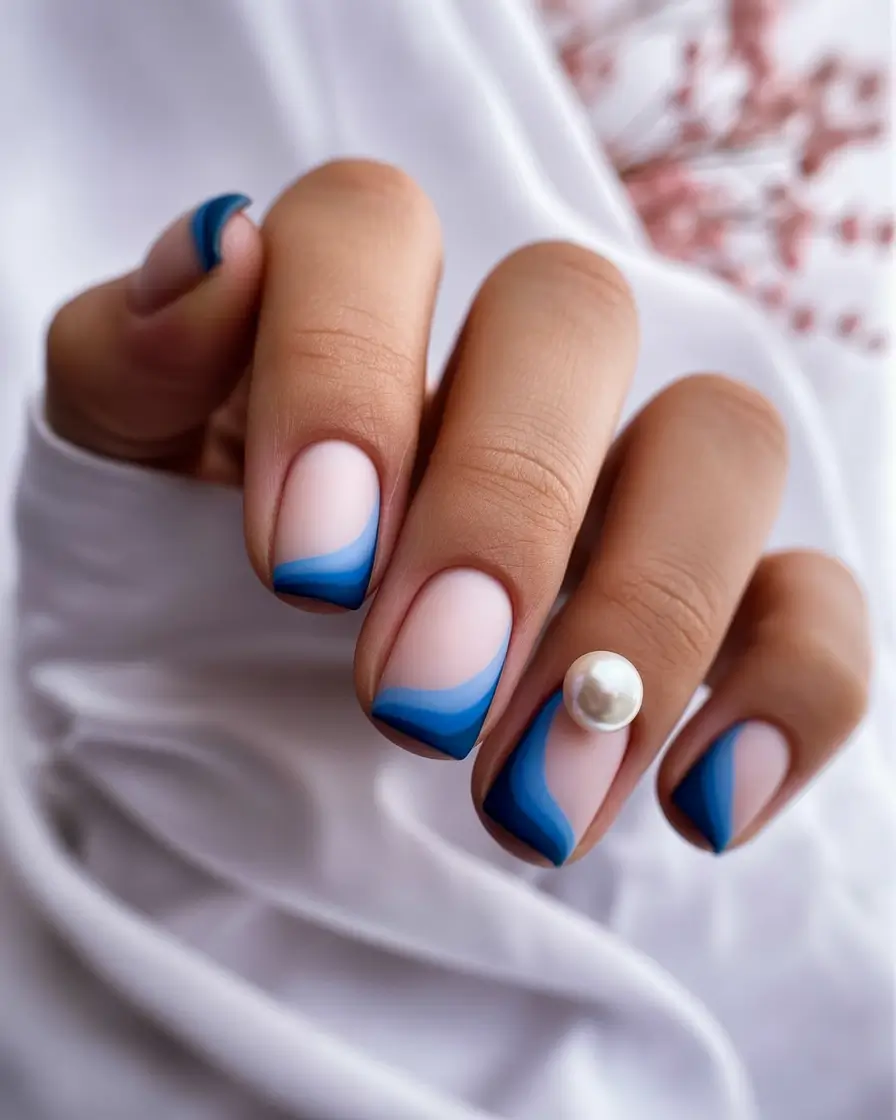 Cool Blue Nail Ideas for Summer 2025 Matte Waves and a Statement Pearl