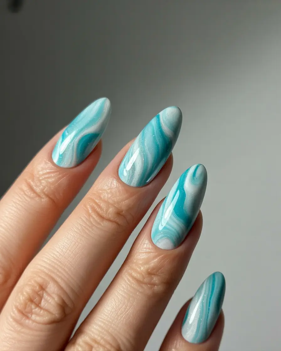 Cool Blue Nail Ideas for Summer 2025 Aqua Marble with Saltwater Dreams